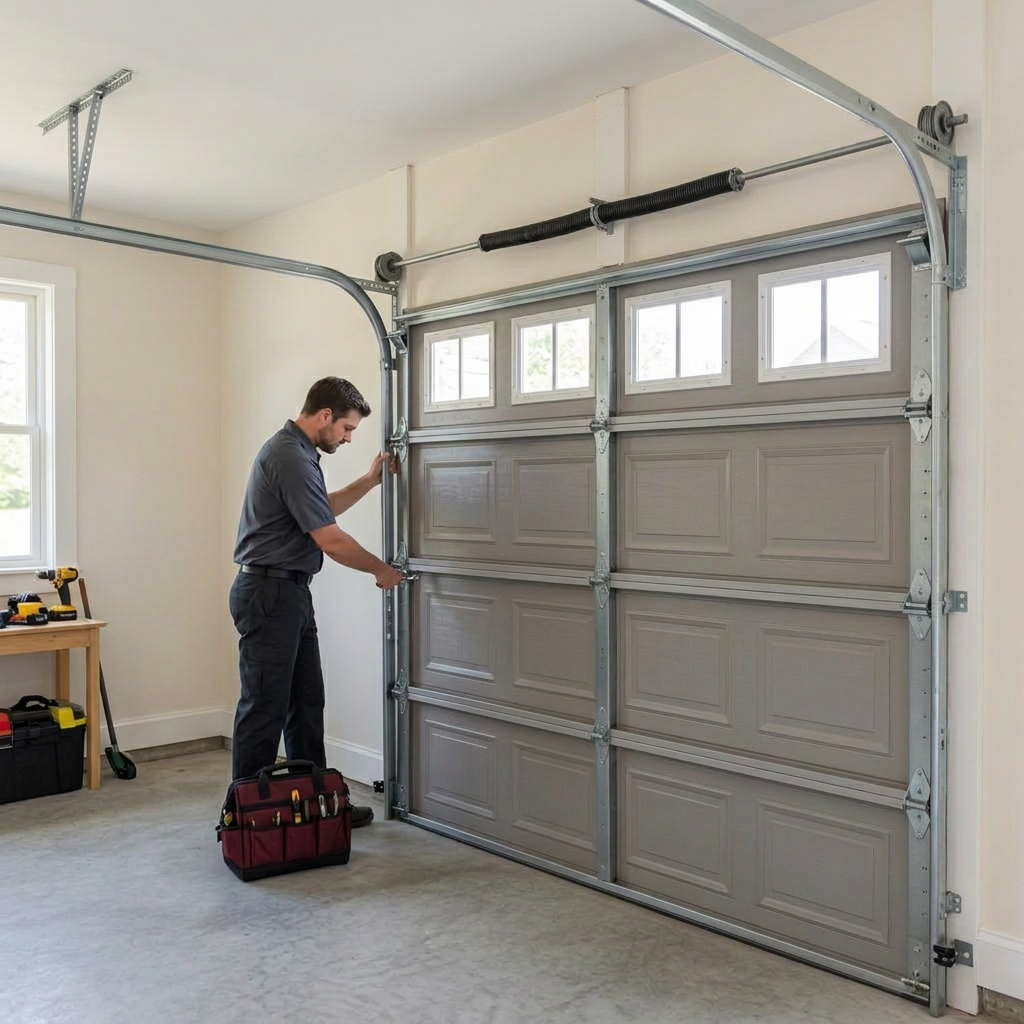 Technician tightening residential garage door hardware with a ratchet