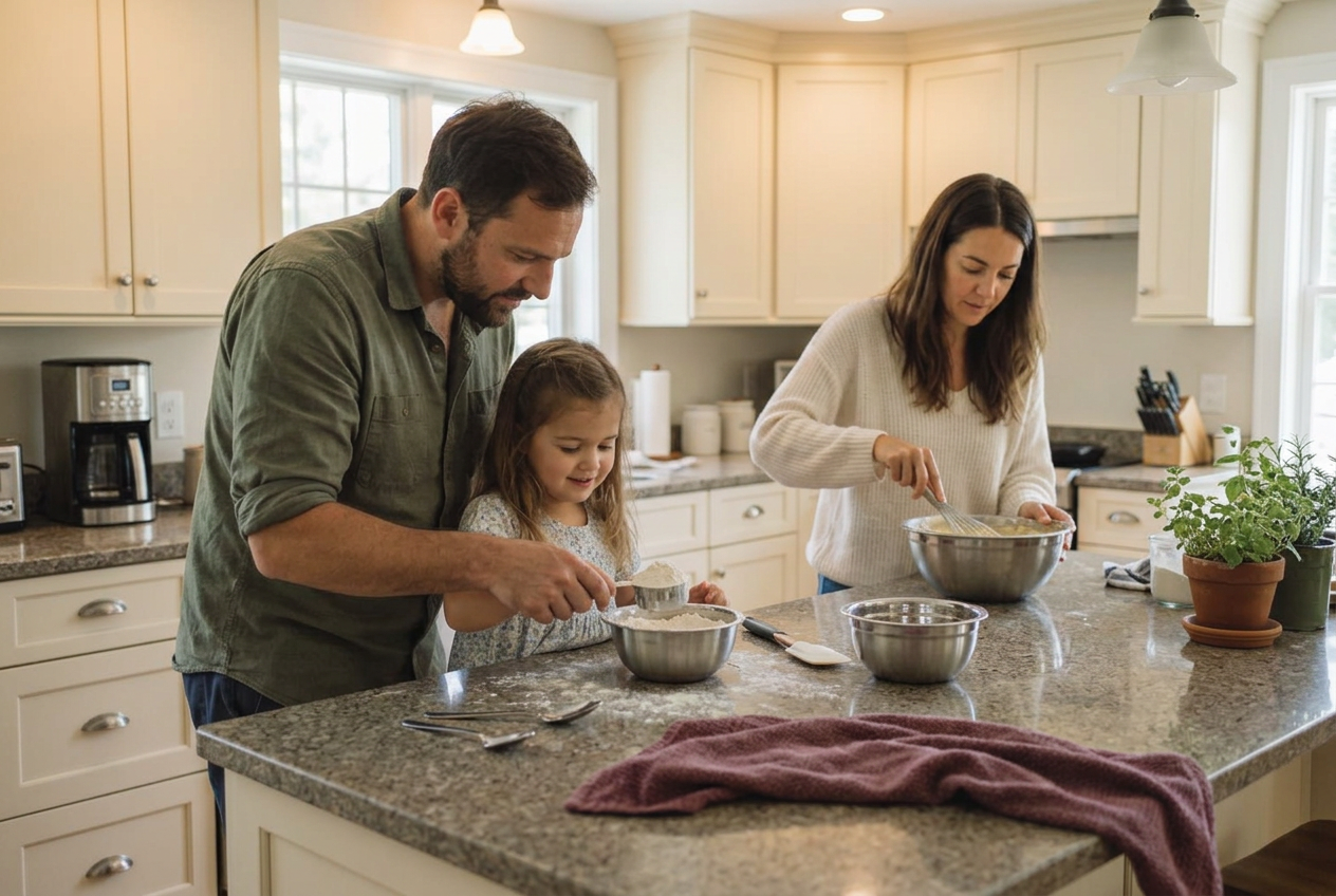 Parents and their child baking together in the kitchen