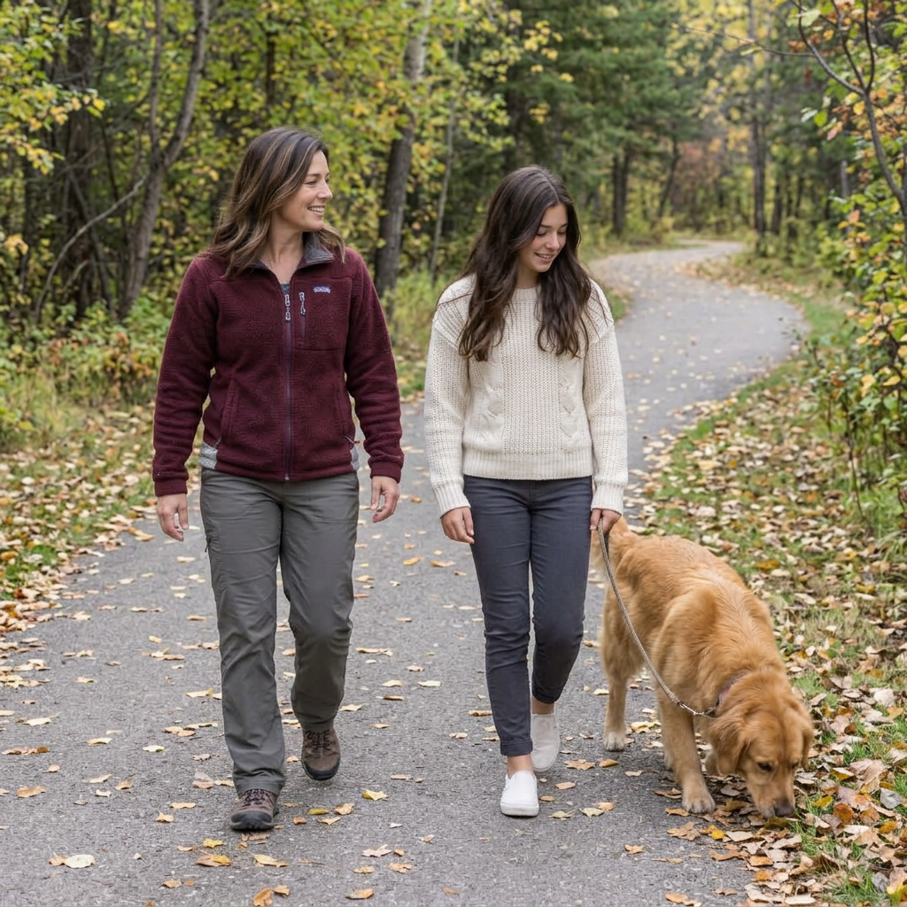 A mother and daughter walking their dog along a park path