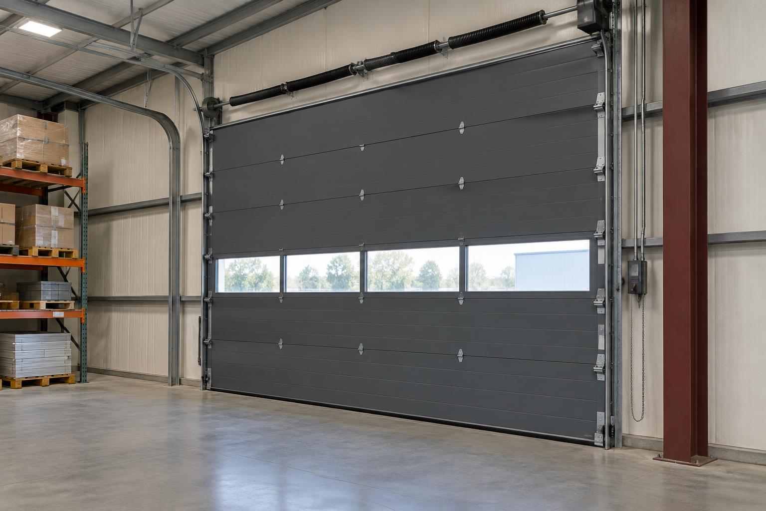 Sectional overhead door and tracks viewed from inside a warehouse