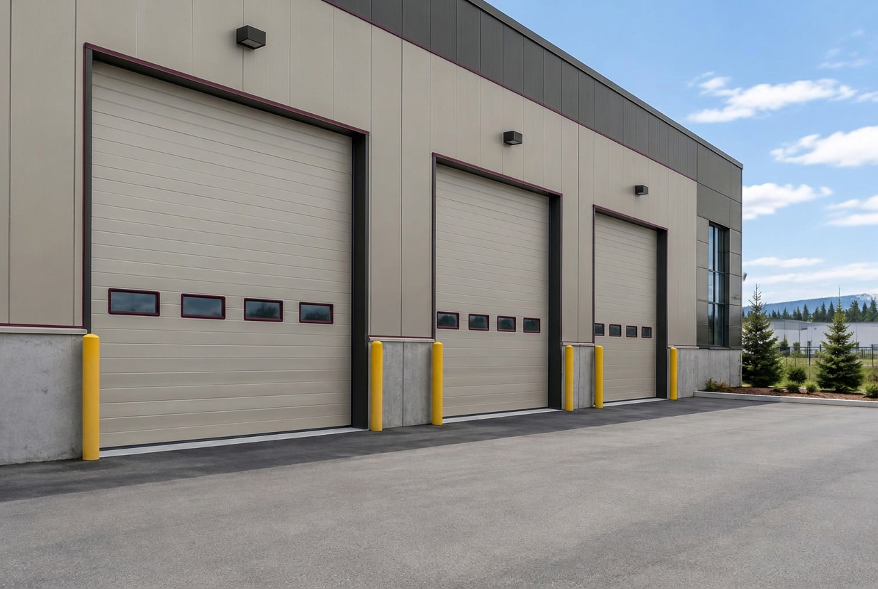 Commercial overhead doors and their exterior frames viewed from an angle