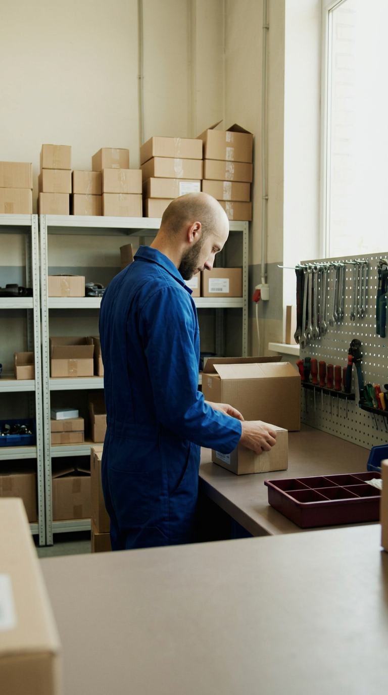 A business owner preparing a parcel at a workshop packing bench