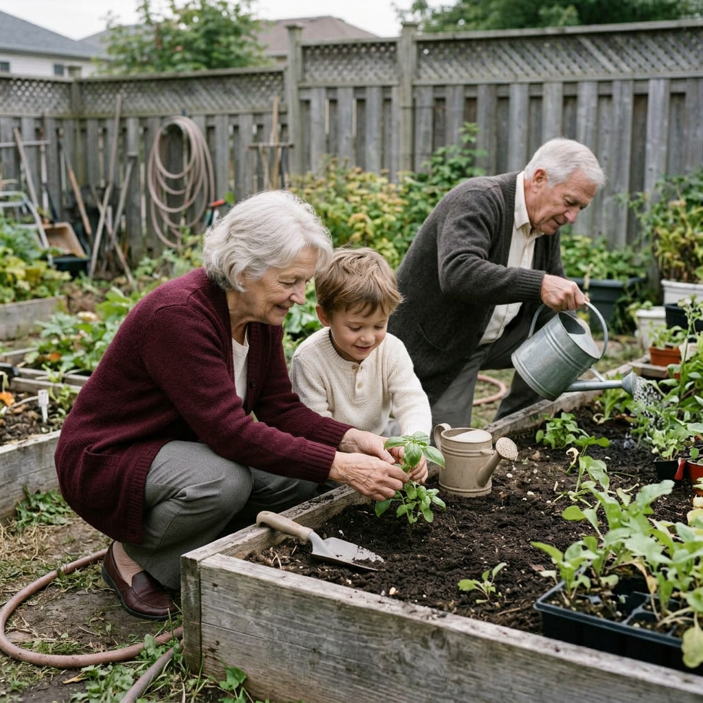 Grandparents planting herbs with their grandson
