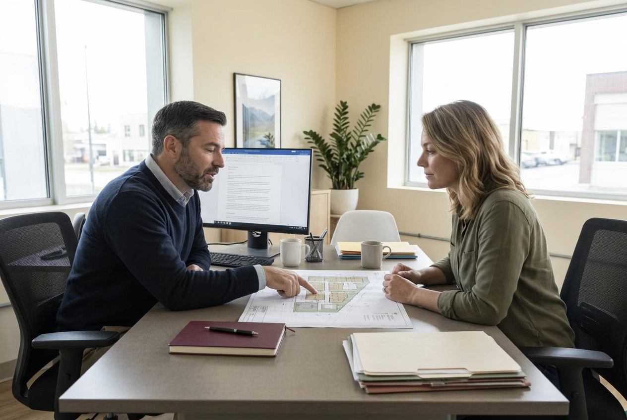 Colleagues discussing a plan together in their office